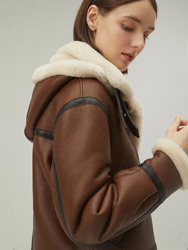 Drune | Stylische Schaffell Lederjacke mit Kapuze