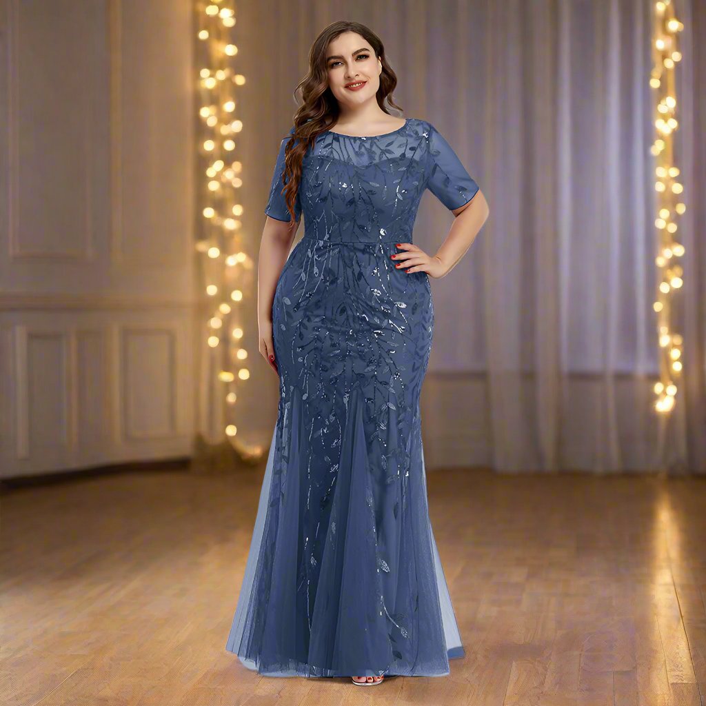 Drune | Damen Abendkleid in Übergröße Mit Pailletten Und Mesh Stickerei Im Meerjungfrau Stil
