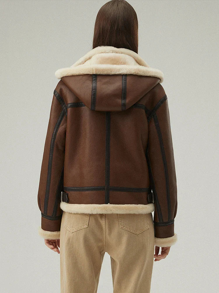 Drune | Stylische Schaffell Lederjacke mit Kapuze