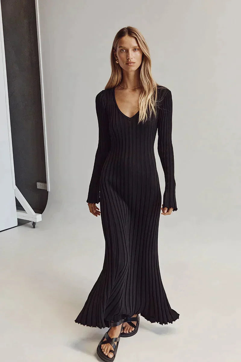 Drune Strickkleid | Modernes Langarm-Damenkleid mit V-Ausschnitt