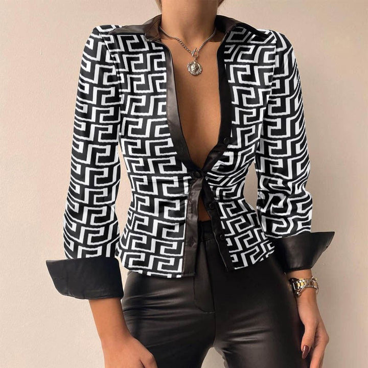 Drune | V-Ausschnitt PU-Leder bedruckt Langarm Patchwork-Bluse