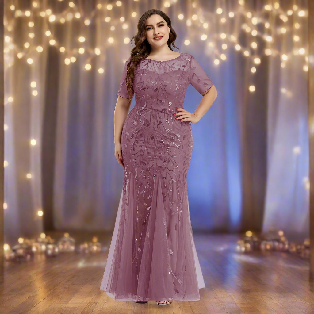 Drune | Damen Abendkleid in Übergröße Mit Pailletten Und Mesh Stickerei Im Meerjungfrau Stil