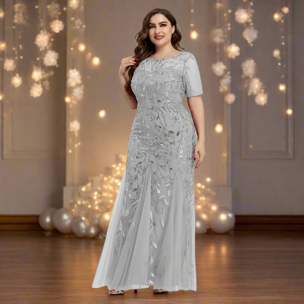 Drune | Damen Abendkleid in Übergröße Mit Pailletten Und Mesh Stickerei Im Meerjungfrau Stil