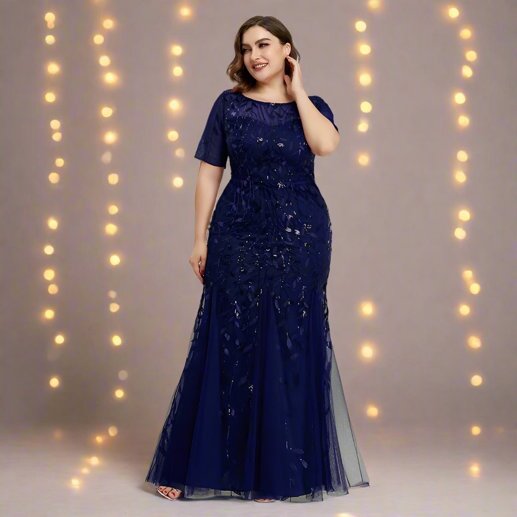 Drune | Damen Abendkleid in Übergröße Mit Pailletten Und Mesh Stickerei Im Meerjungfrau Stil