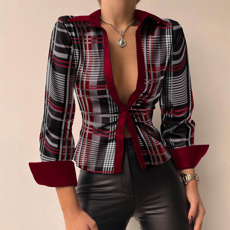 Drune | V-Ausschnitt PU-Leder bedruckt Langarm Patchwork-Bluse