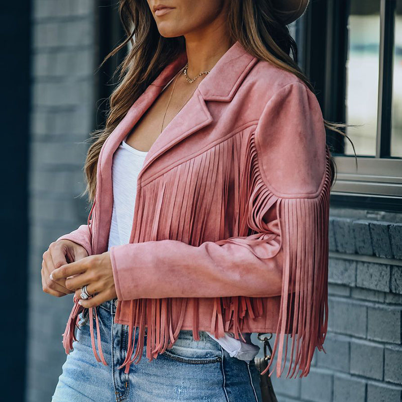 Drune | Revers Langarm Fransen Crop Hippie Jacke