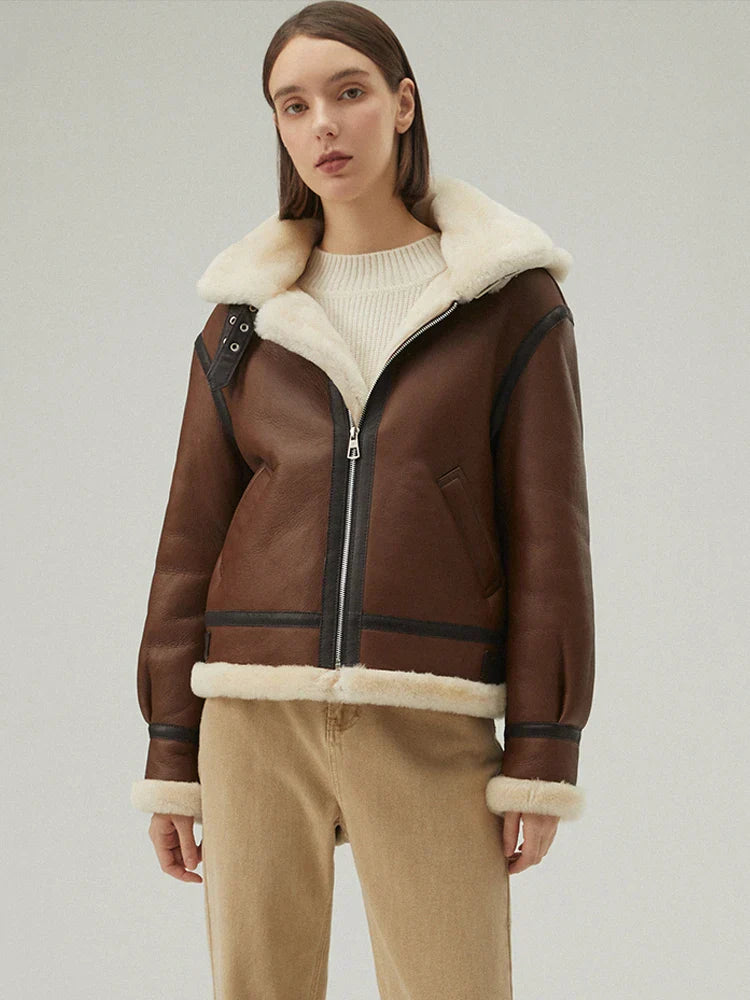 Drune | Stylische Schaffell Lederjacke mit Kapuze