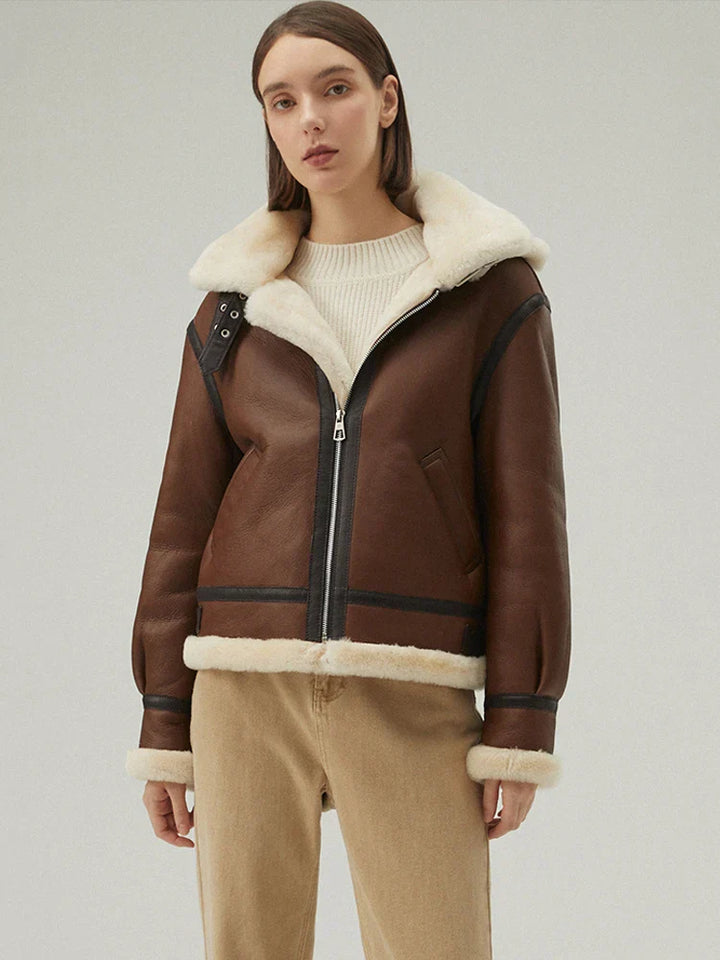 Drune | Stylische Schaffell Lederjacke mit Kapuze