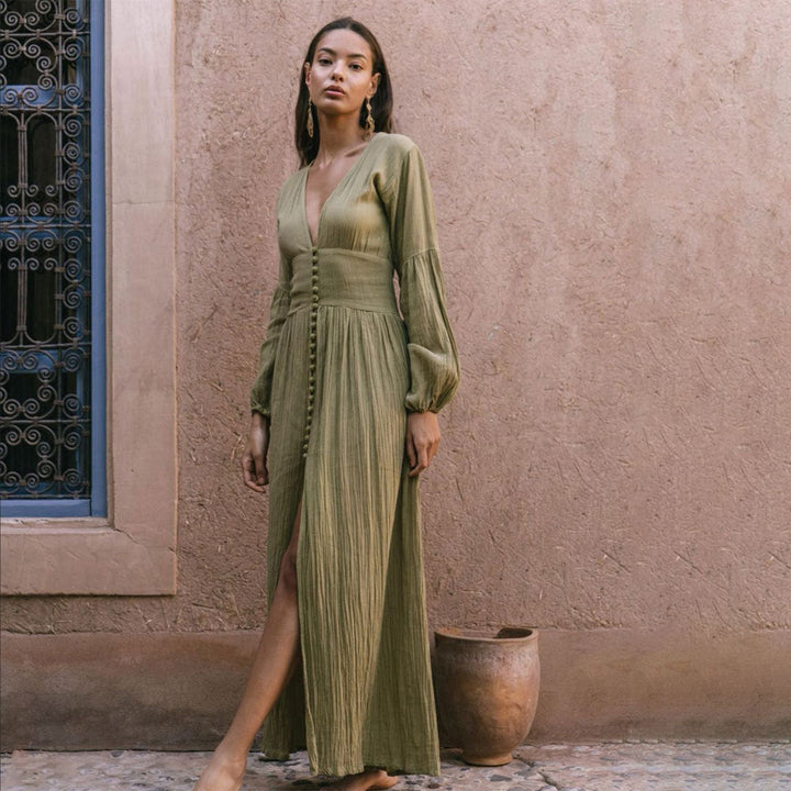 Drune | Laternenärmel Langes Splitkleid