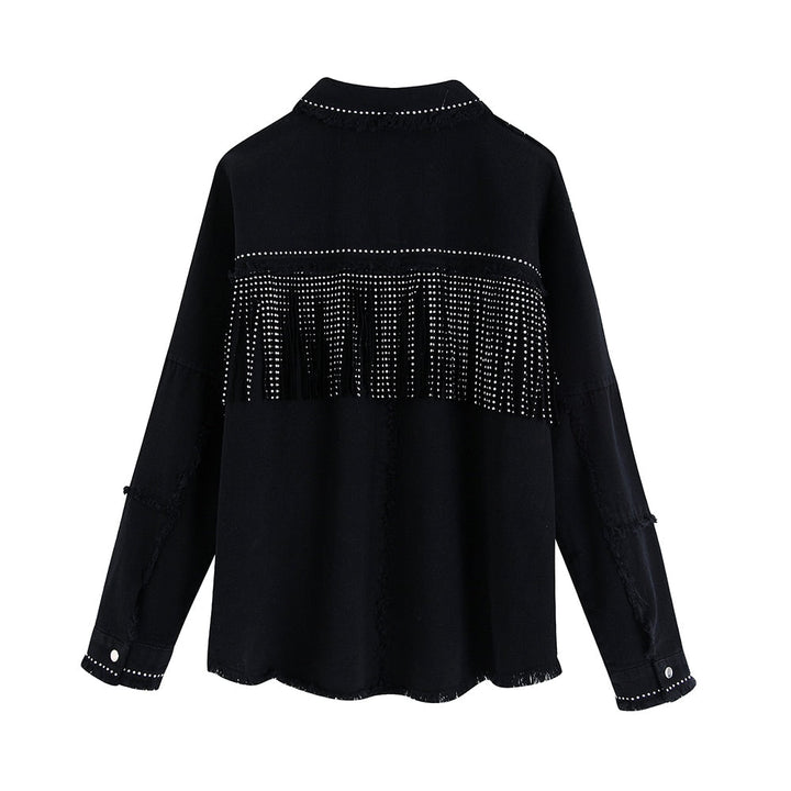 Drune | Schwarze Damenjeansjacke mit Fransen