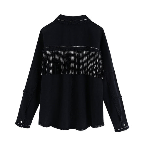 Drune | Schwarze Damenjeansjacke mit Fransen