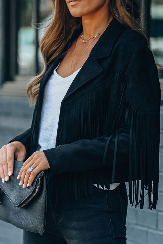 Drune | Revers Langarm Fransen Crop Hippie Jacke