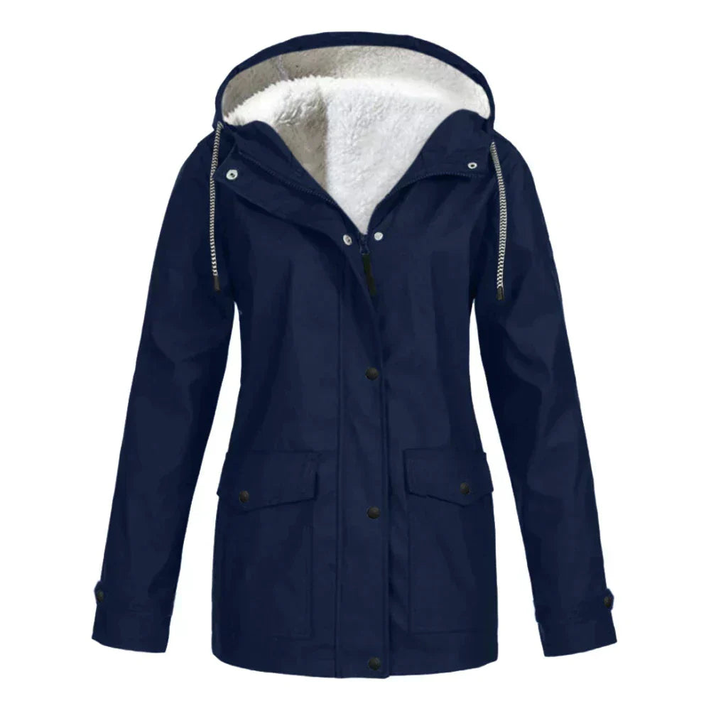 Drune | Regenjacke wasserabweisend mit Fleece gefütterte entspannte Passform mittellang Kapuze
