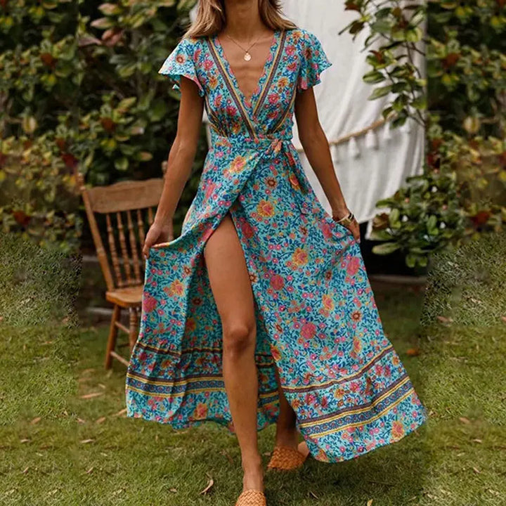 Drune | Elegantes V-Ausschnitt Wickel Maxi Kleid