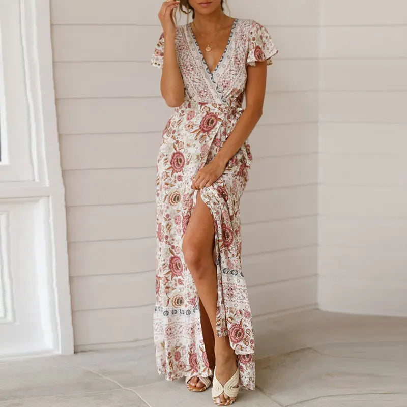 Drune | Elegantes V-Ausschnitt Wickel Maxi Kleid