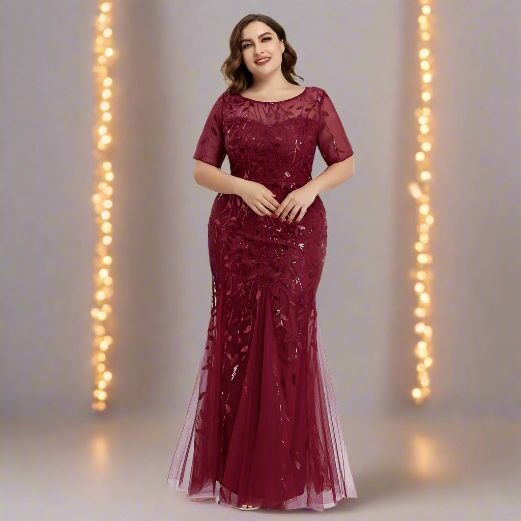 Drune | Damen Abendkleid in Übergröße Mit Pailletten Und Mesh Stickerei Im Meerjungfrau Stil