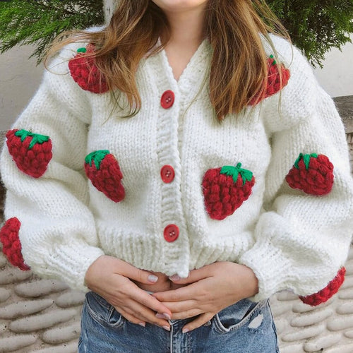 Drune | Cardigan Strickjacke mit Schönen Erdbeeren