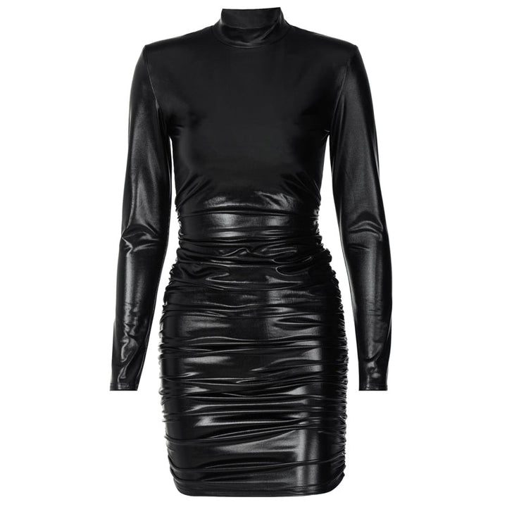 Drune | Mini Kleid mit hohem Kragen und langen gerafften Ärmeln