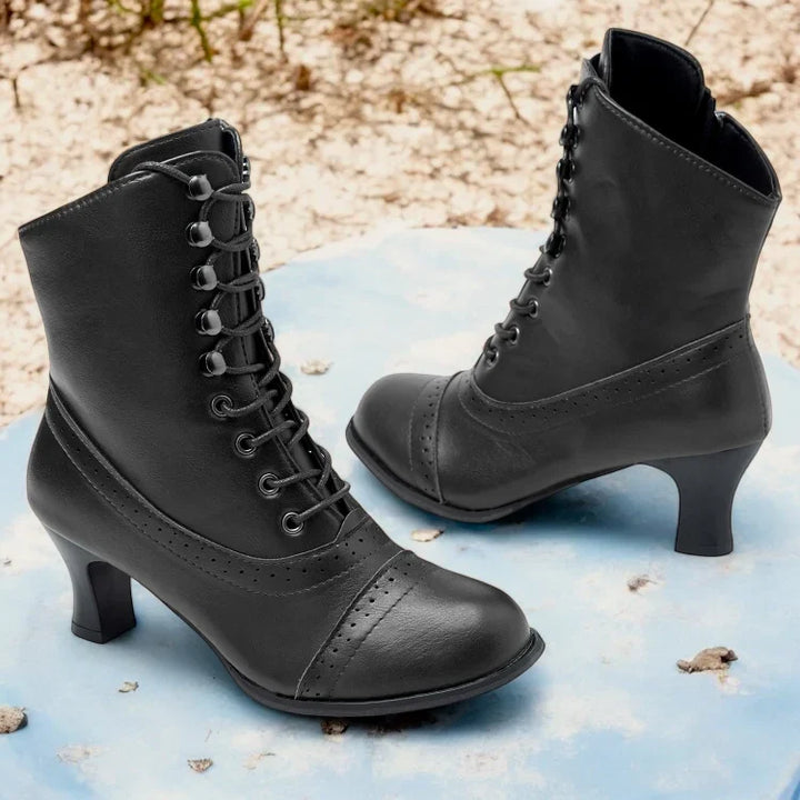 Drune | Damen Viktorianische Braune Mid-Heel Schnürstiefel mit Reißverschluss