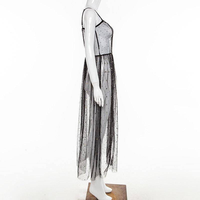 Drune | Stern Schwarz Netz Transparent Ärmelloses Maxi-Kleid