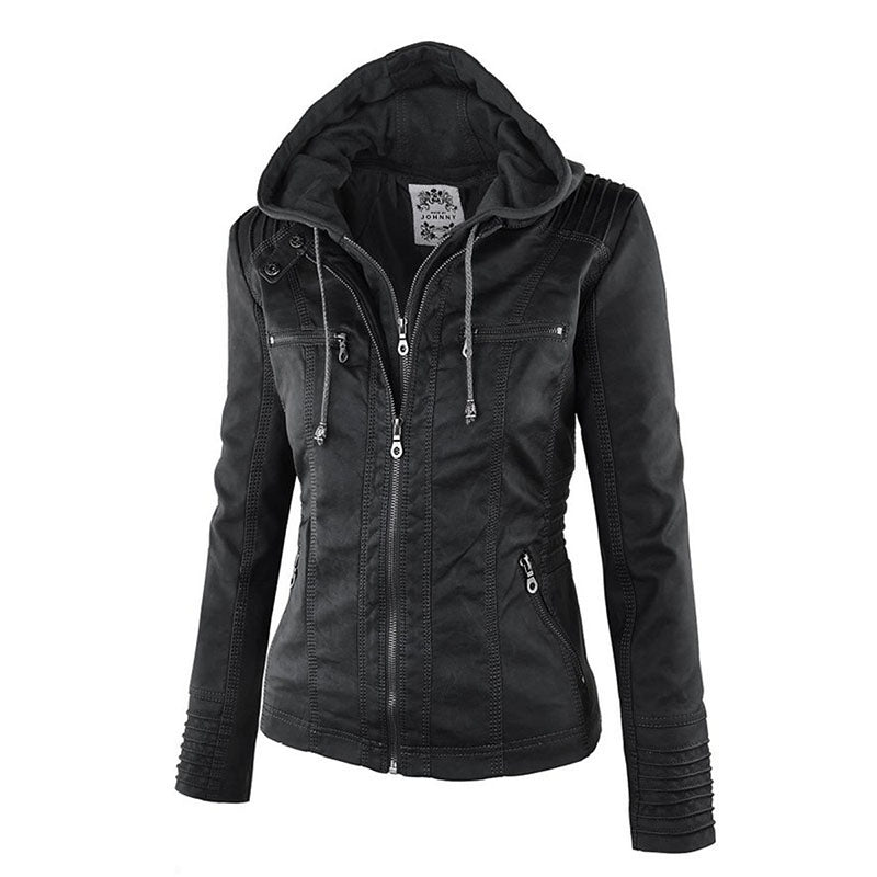 Drune Lederimitat Mantel | Damen Kapuzenjacke: Basic PU-Jacke