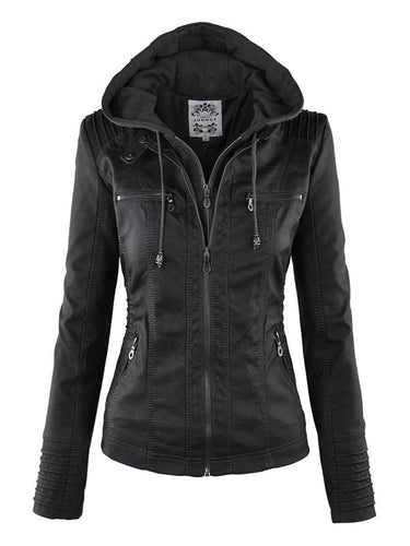 Drune Lederimitat Mantel | Damen Kapuzenjacke: Basic PU-Jacke
