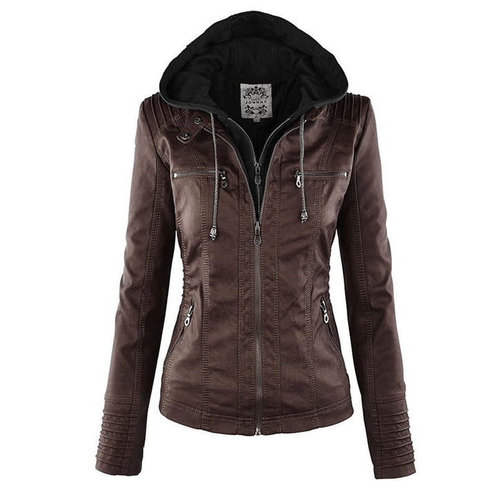 Drune Lederimitat Mantel | Damen Kapuzenjacke: Basic PU-Jacke