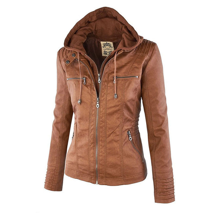 Drune Lederimitat Mantel | Damen Kapuzenjacke: Basic PU-Jacke