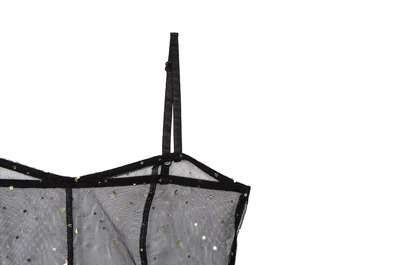 Drune | Stern Schwarz Netz Transparent Ärmelloses Maxi-Kleid