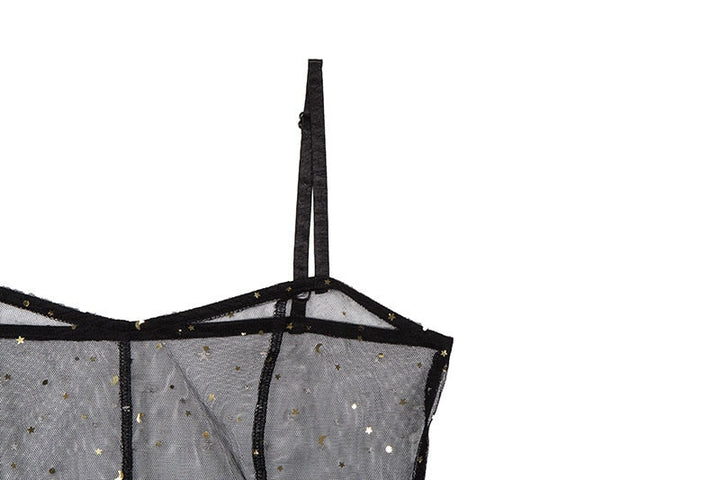 Drune | Stern Schwarz Netz Transparent Ärmelloses Maxi-Kleid