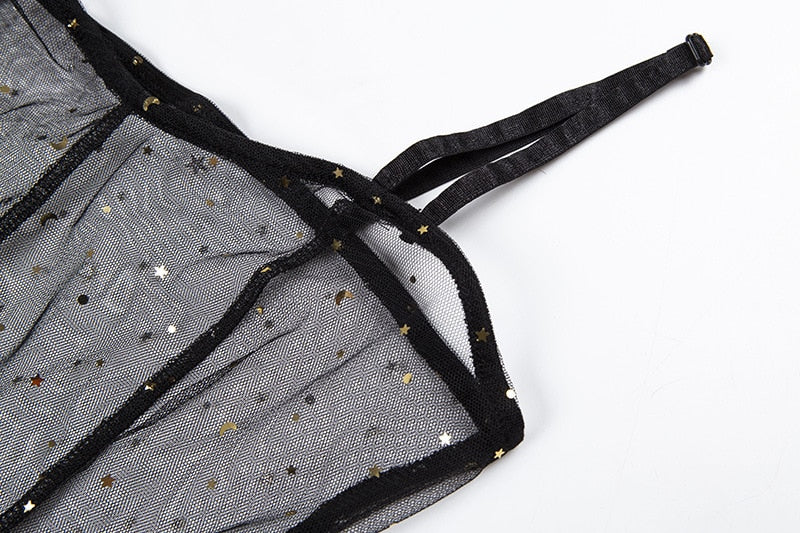 Drune | Stern Schwarz Netz Transparent Ärmelloses Maxi-Kleid