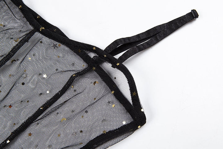 Drune | Stern Schwarz Netz Transparent Ärmelloses Maxi-Kleid