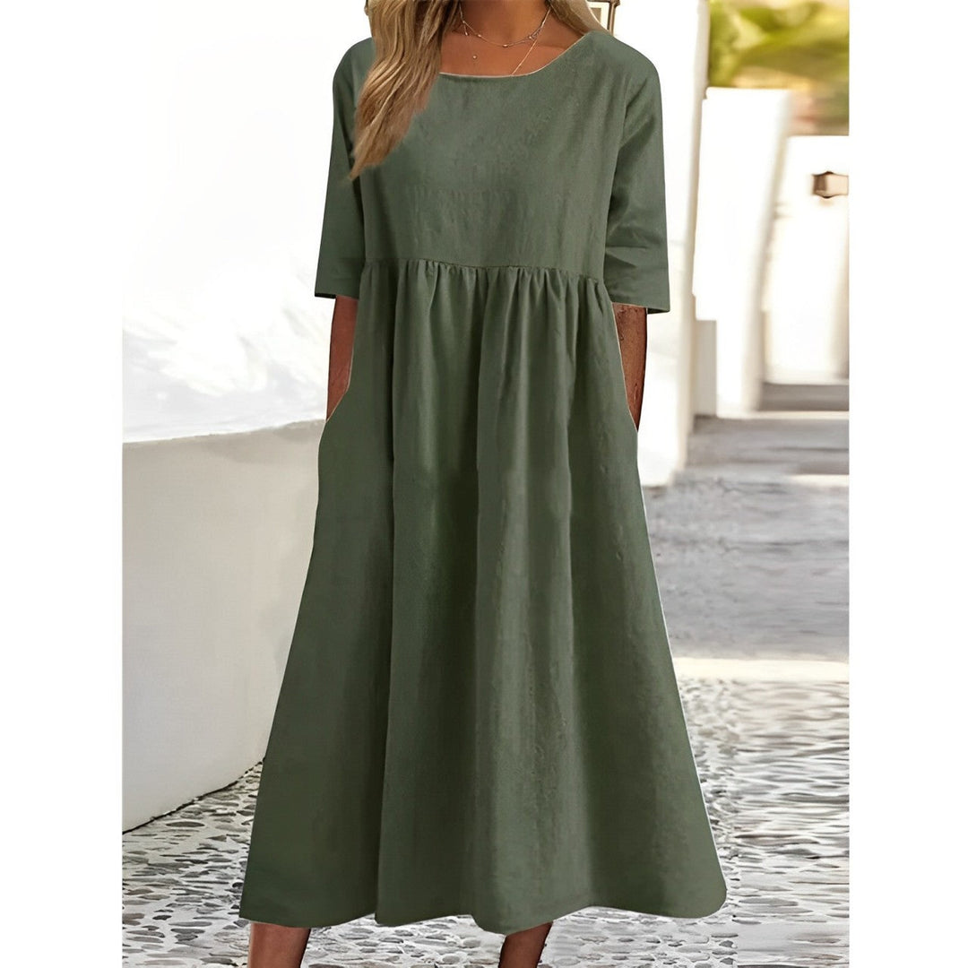 Drune | Atmungsaktives Baumwoll-Leinen Vintage Midi-Kleid mit Falten-Design