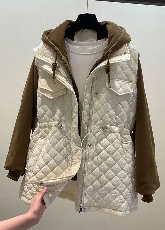 Drune | Beige Reißverschluss Patchwork Kordelzug Winter Kapuzenmäntel