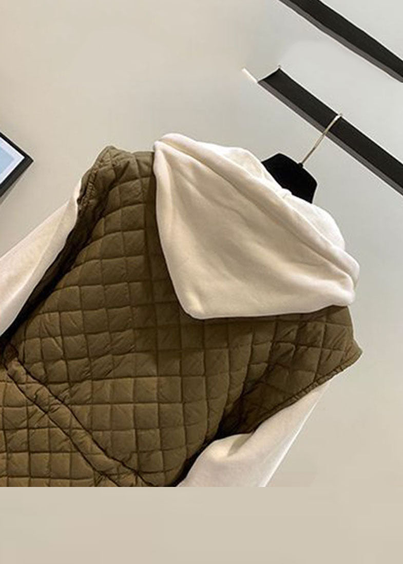 Drune | Beige Reißverschluss Patchwork Kordelzug Winter Kapuzenmäntel