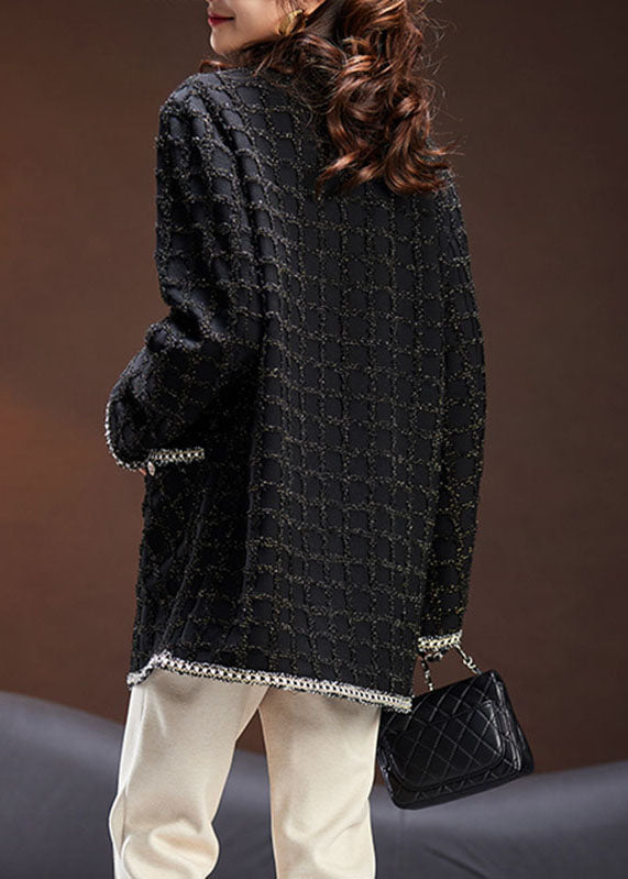 Drune | Schwarzer Rundhals-Taschen-Karo-Patchwork-Strickmantel mit langen Ärmeln