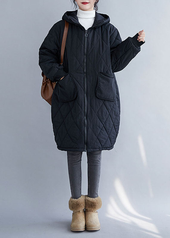 Drune | Schwarzer kariert Patchwork Kapuzenparka Mäntel mit langen Ärmeln