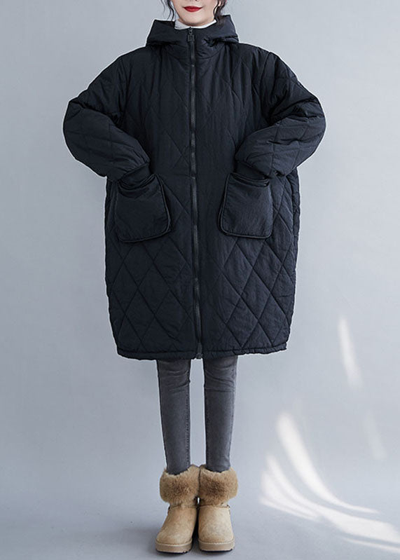 Drune | Schwarzer kariert Patchwork Kapuzenparka Mäntel mit langen Ärmeln