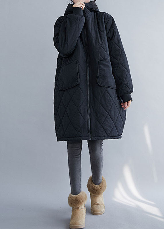 Drune | Schwarzer kariert Patchwork Kapuzenparka Mäntel mit langen Ärmeln
