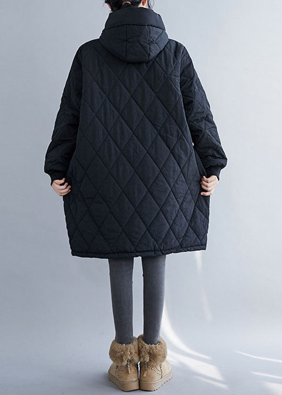 Drune | Schwarzer kariert Patchwork Kapuzenparka Mäntel mit langen Ärmeln