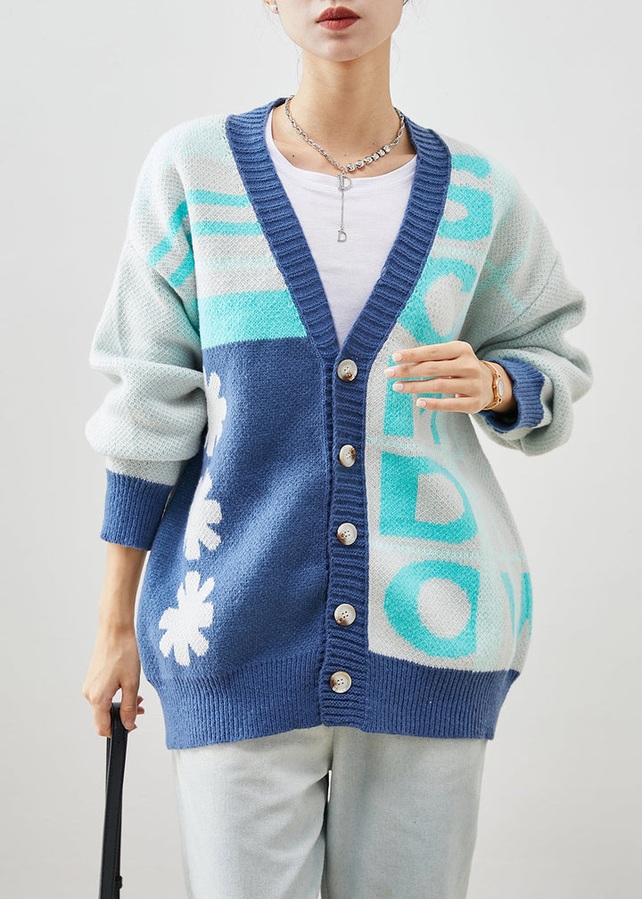 Drune | Blauer Oversized Print Strickmäntel Winter