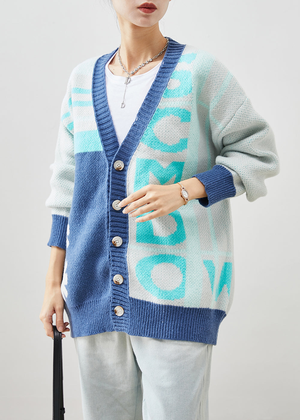 Drune | Blauer Oversized Print Strickmäntel Winter