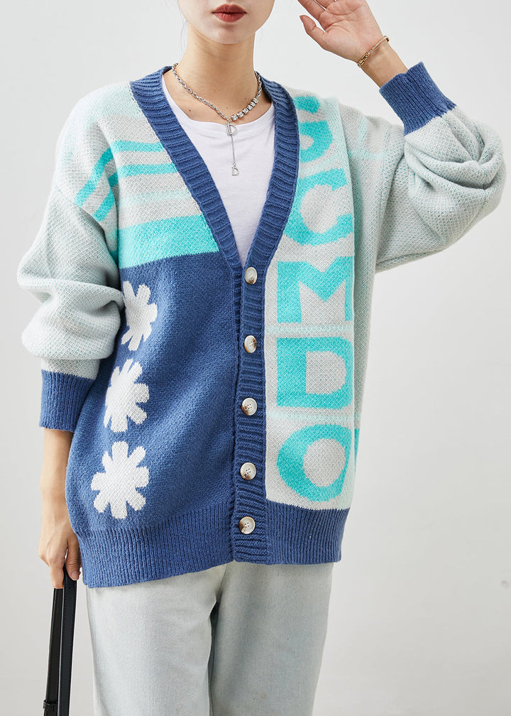 Drune | Blauer Oversized Print Strickmäntel Winter
