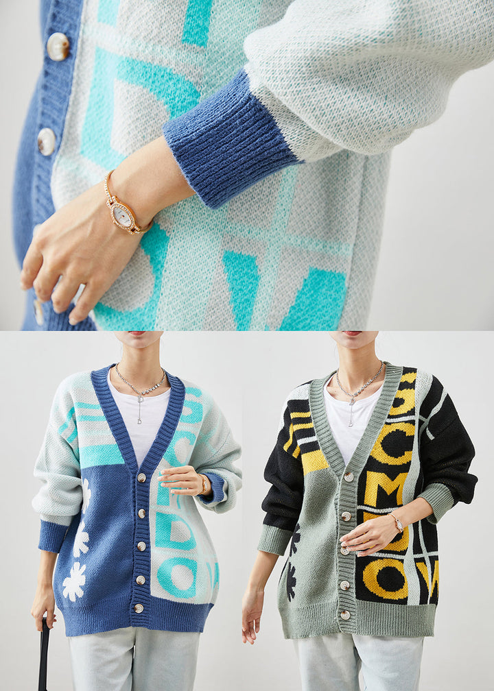 Drune | Blauer Oversized Print Strickmäntel Winter