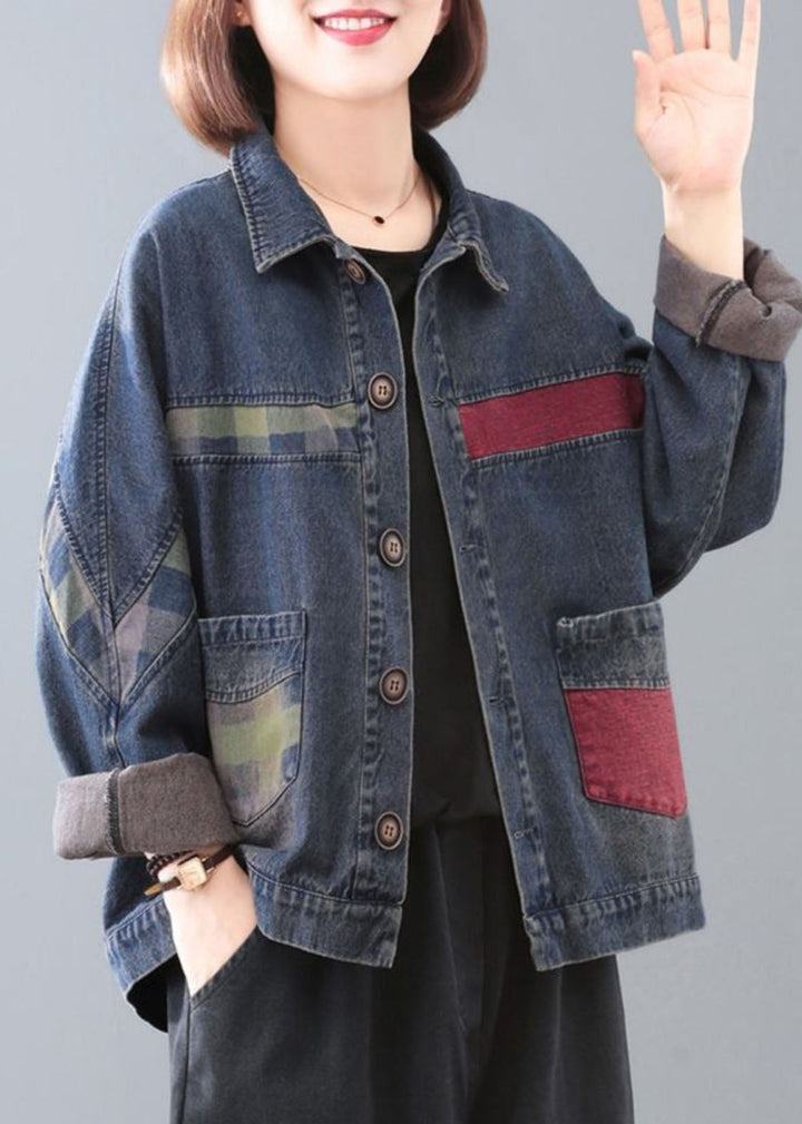 Drune | Blauer Peter-Pan-Kragen Taschen Patchwork Knopf Denim Mäntel Lange Ärmel