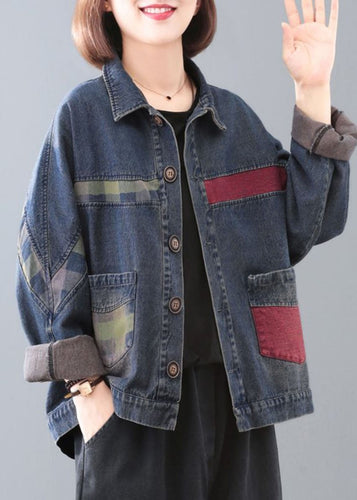 Drune | Blauer Peter-Pan-Kragen Taschen Patchwork Knopf Denim Mäntel Lange Ärmel