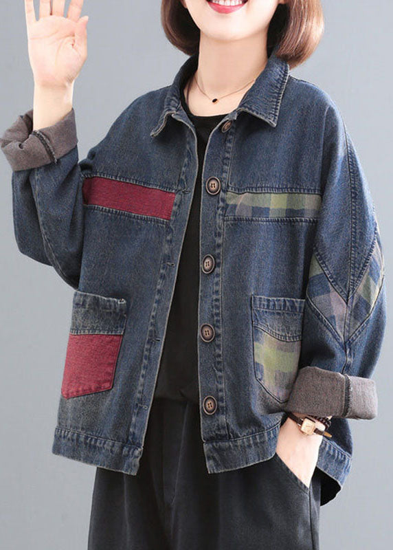 Drune | Blauer Peter-Pan-Kragen Taschen Patchwork Knopf Denim Mäntel Lange Ärmel