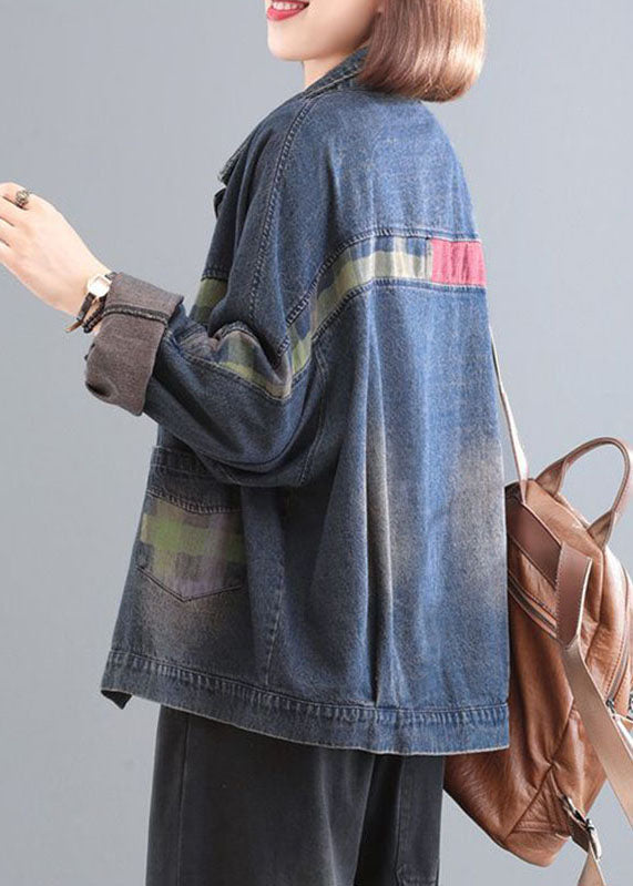 Drune | Blauer Peter-Pan-Kragen Taschen Patchwork Knopf Denim Mäntel Lange Ärmel