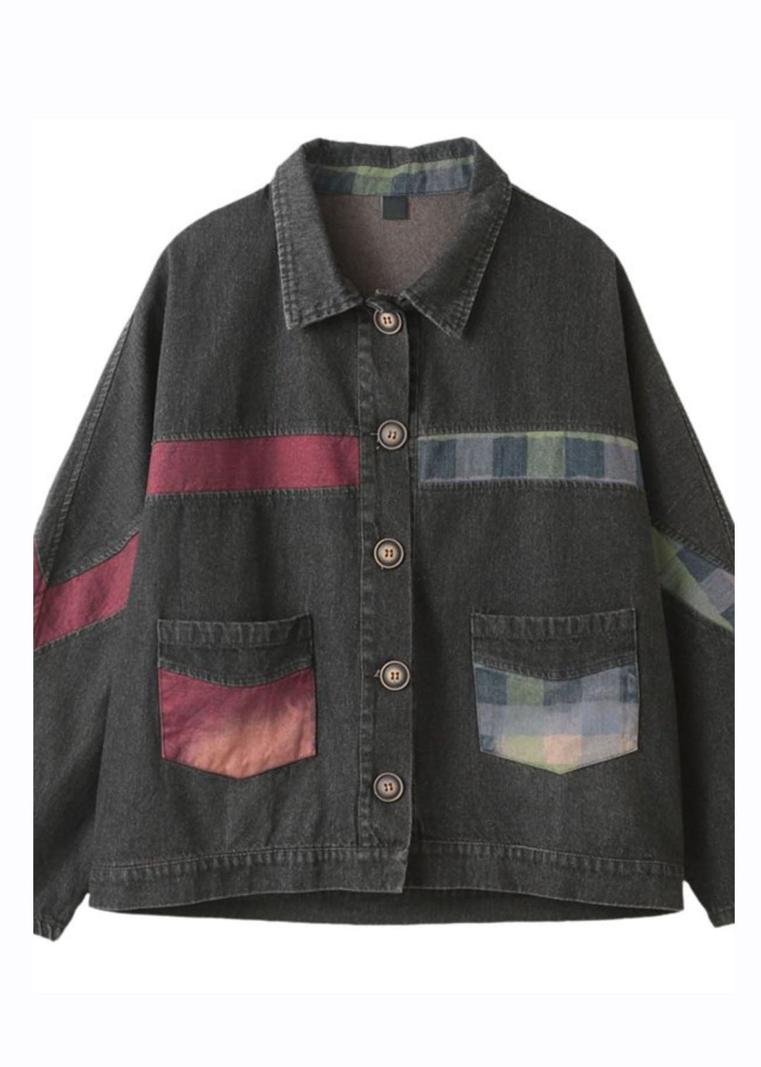 Drune | Blauer Peter-Pan-Kragen Taschen Patchwork Knopf Denim Mäntel Lange Ärmel