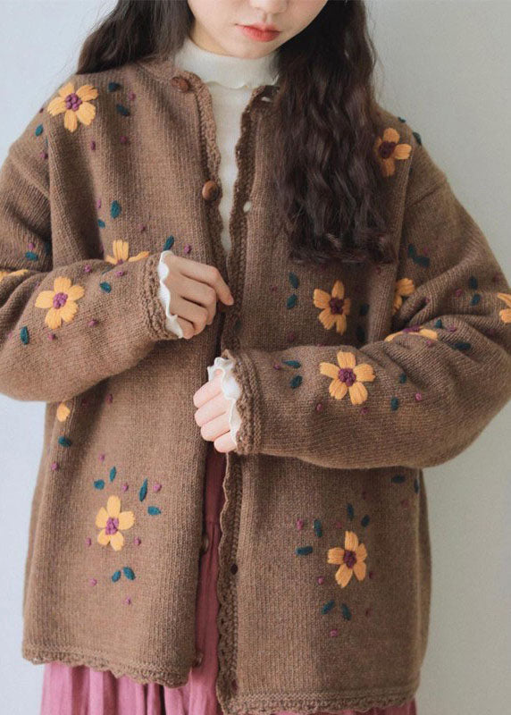 Drune | Kaffee bestickte florale Spitze Patchwork Baumwollstrickjacken mit langen Ärmeln